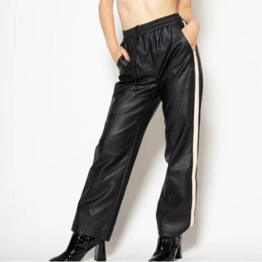Urban Outfitters Stripe Faux Leather Pull On Straight Leg Cropped Pants L Black